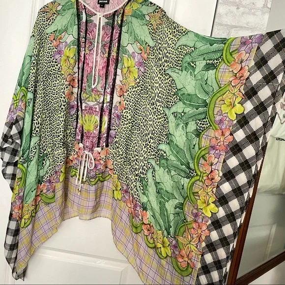 Just Cavalli 1990s Green Pink Multicolored floral Silk Tunic Kaftan Top dress - Picture 10 of 16